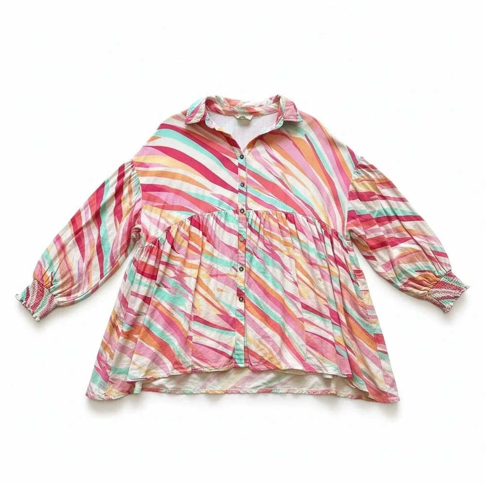 Entro Womens Large Abstract Stripe Babydoll Mini Dress Button Front Tunic D22584